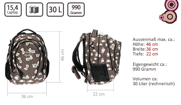 Schulrucksack FUNKY ELEPHANT XL Rucksack 3 Hauptfächer m Laptopfach BRAUN Blau