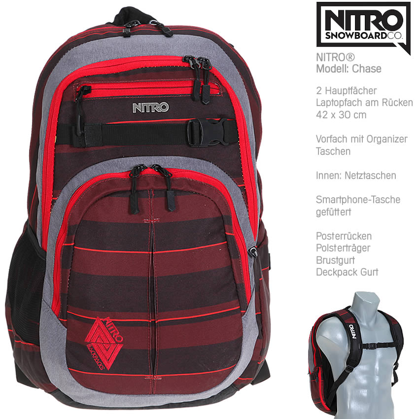 Schulrucksack NITRO CHASE Laptop Notebook Rucksack 17 /" 878014-038 RED STRIPES f